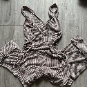 Caution To The Wind Brown Striped Jumpsuit